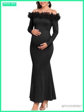 Maternity Baby Shower Dress Off Shoulder Long Sleeve 3D Floral Mermaid Maxi